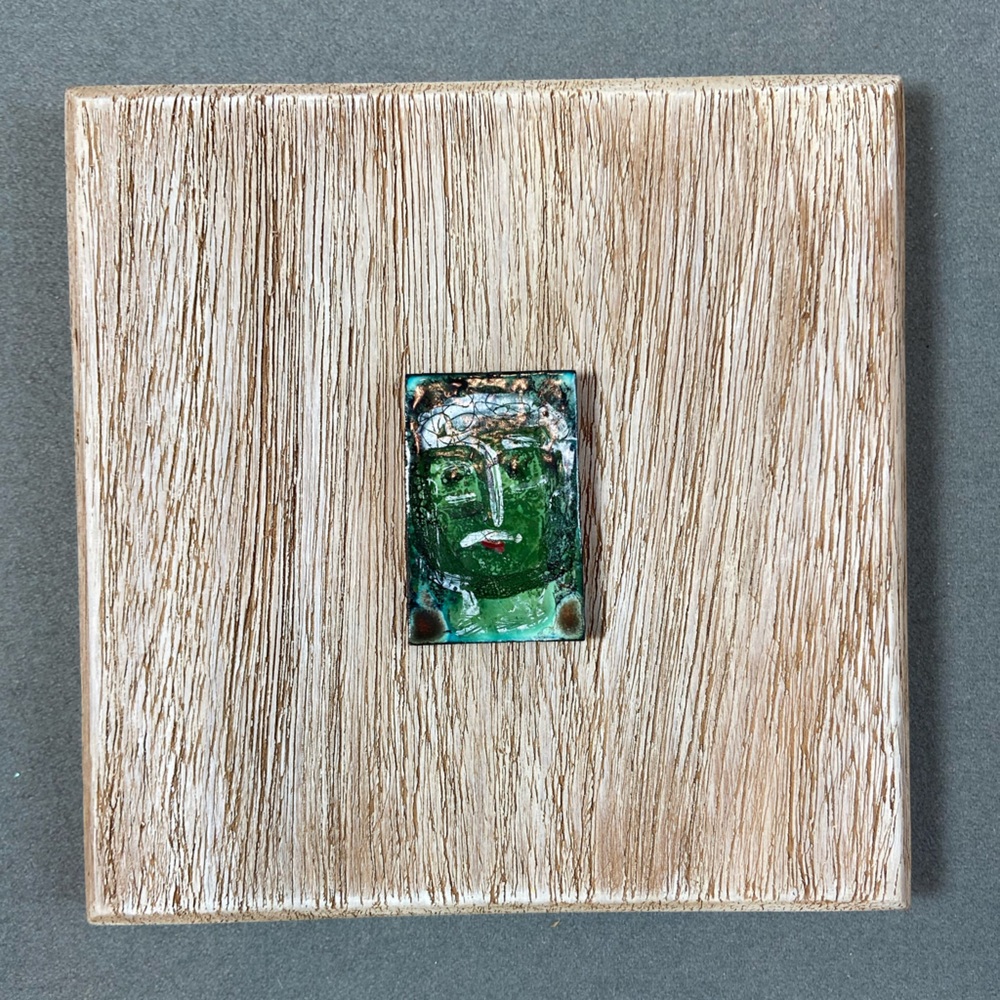 Small Art Enamel‎ painting Face on white washed wood 7.75” square